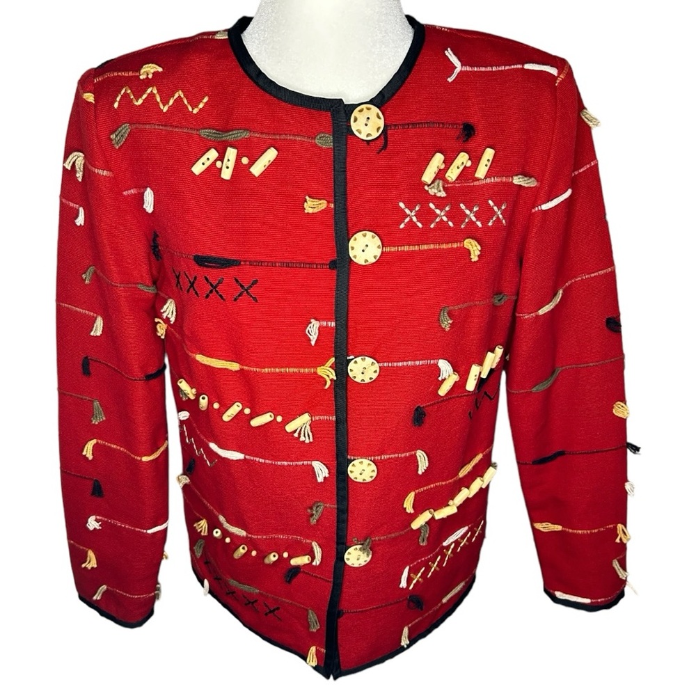 Indigo Moon Red Tapestry Lady‎ Jacket Wood Buttons  -Women's Size Small / Medium